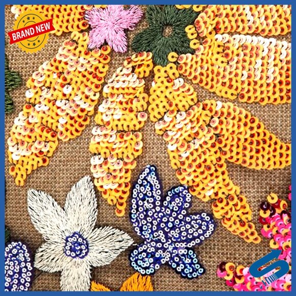 Handmade Rattan Wood Handle Sequin Embroidered Floral Tote Beach Bag - Picture 4 of 6